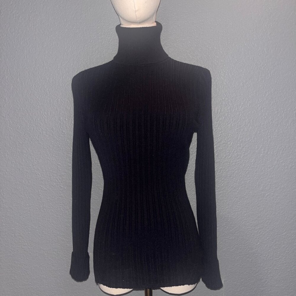 RAMY BROOK CASHMERE BLEND BLACK TURTLENECK RIB KNIT BODYCON SWEATER - EUC - S
